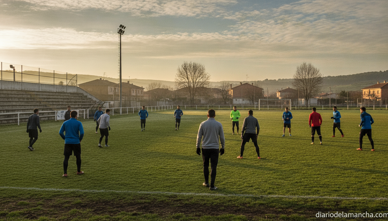 Photojournalistic wide shot of amateur football players training on a grass pitch at a small town stadium during preseason...