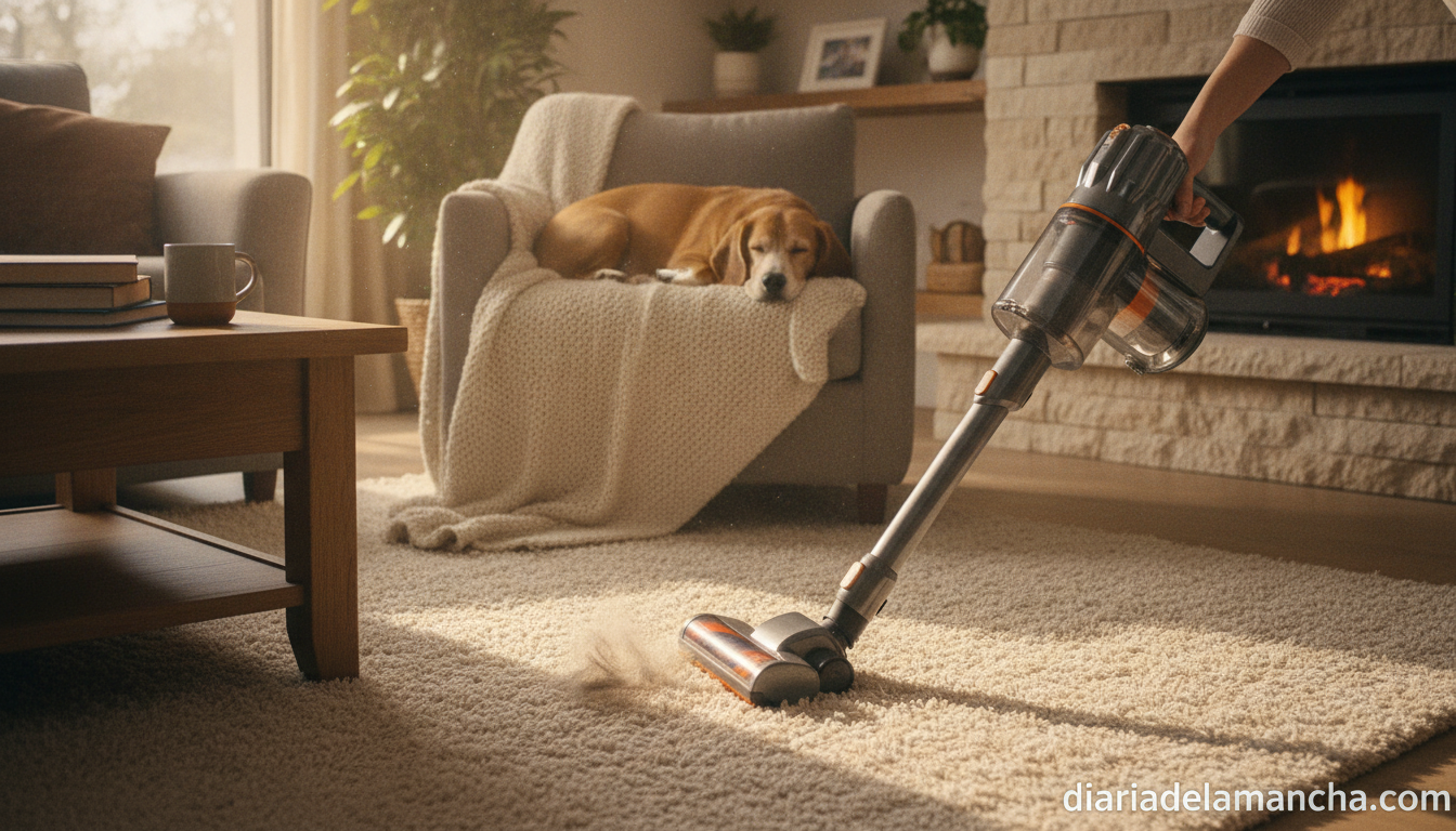 VACTechPro V15: la aspiradora sin cable 6 en 1 pensada para el día a día con mascotas 1 Aspiradora sin cable VACTechPro V15 limpiando pelo de mascota en la alfombra