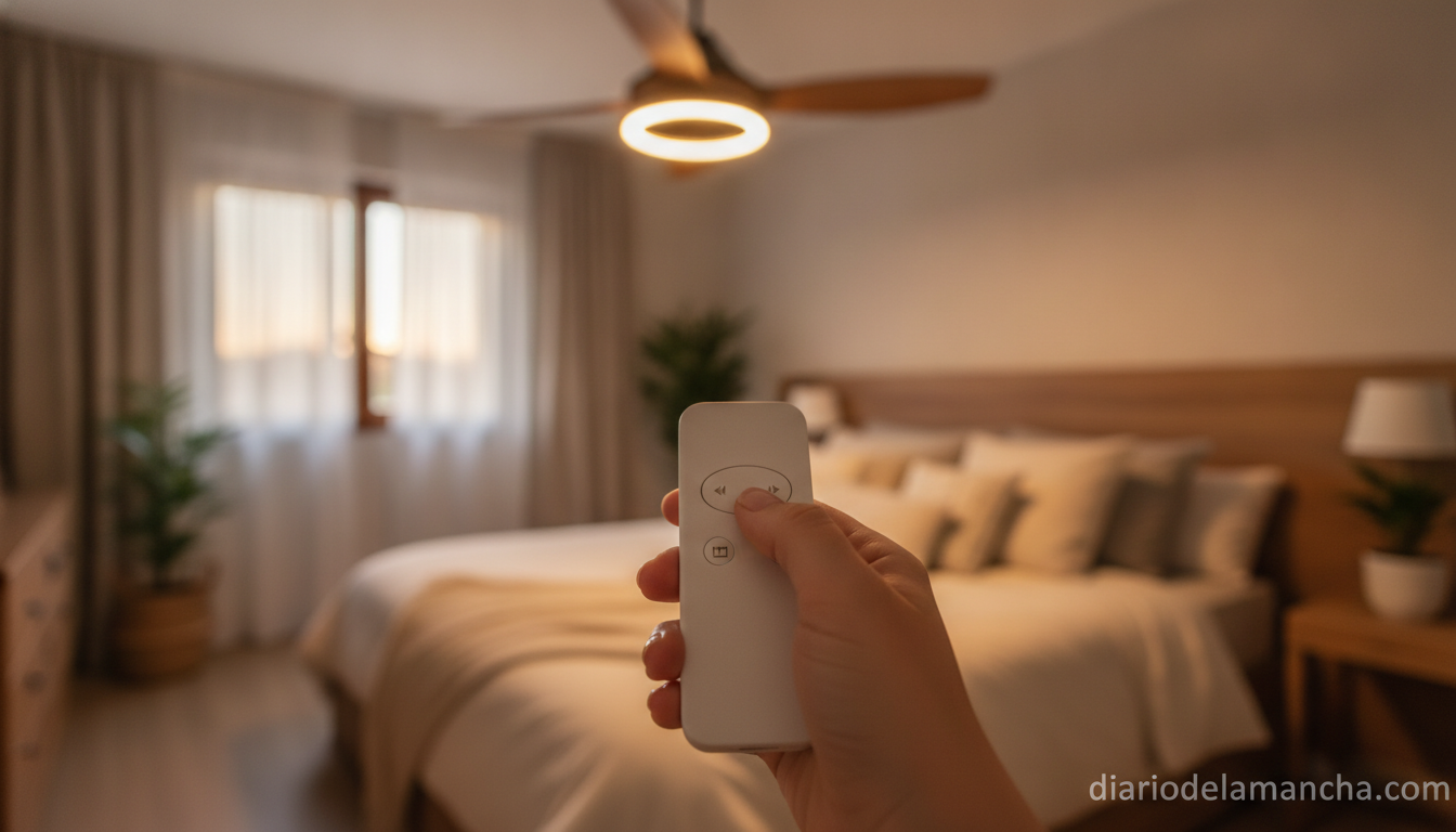 Mando a distancia del ventilador de techo Dupi Cosmos en un dormitorio