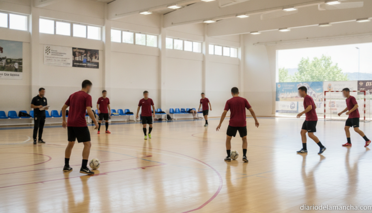 Realistic photojournalistic wide shot of an indoor futsal training session at a Spanish municipal sports pavilion in summe...