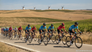 Press photo of a group of road cyclists racing through a rural Spanish landscape in Castilla-La Mancha, La Mancha windmill...