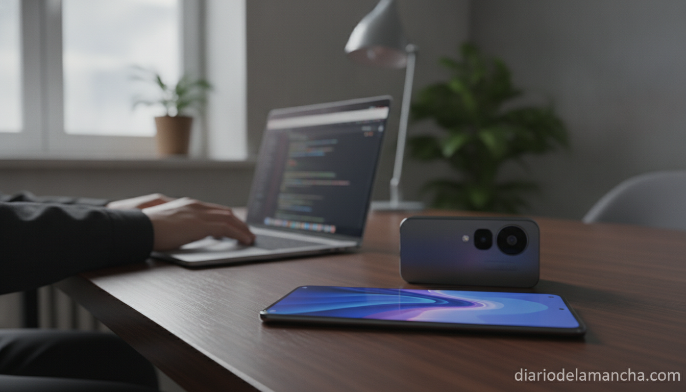 Smartphone Xiaomi POCO F7 5G en un escritorio de oficina