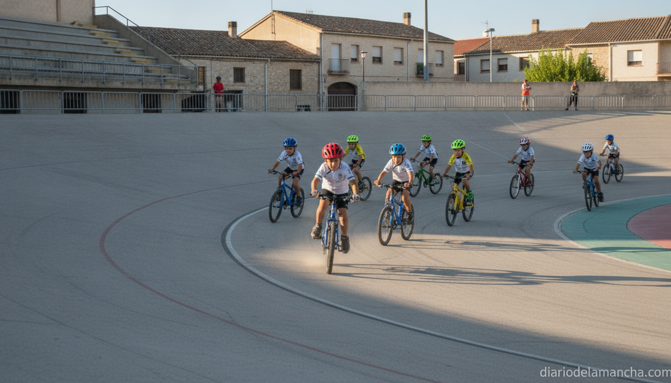Photojournalism style photo of schoolchildren cyclists racing on a municipal outdoor cycling track in Spain, sunny summer ...