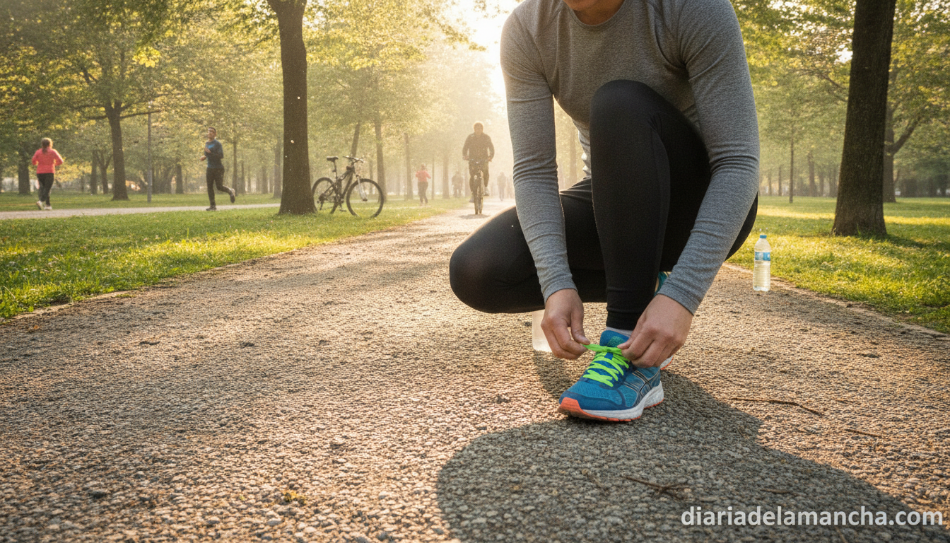 Persona atandose las zapatillas deportivas en un parque
