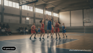Realistic photojournalistic wide shot of a women's basketball match in a local Spanish municipal sports hall, players in g...