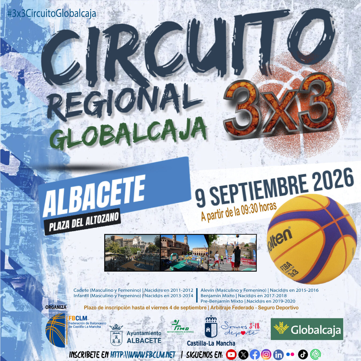 Jugadores de baloncesto 3x3 disputando un partido en la Plaza del Altozano de Albacete