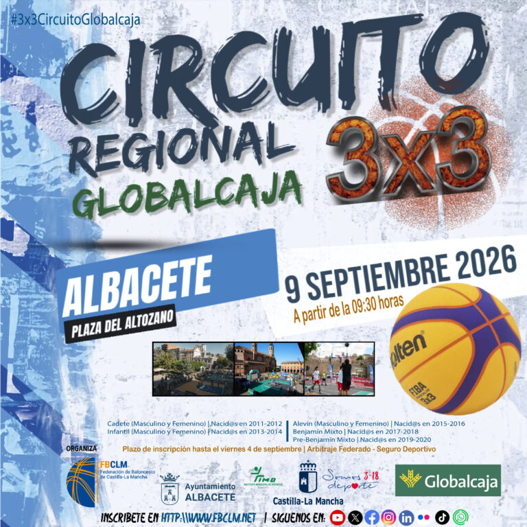 Cartel promocional del torneo 3x3 Feria de Albacete Globalcaja en la Plaza del Altozano