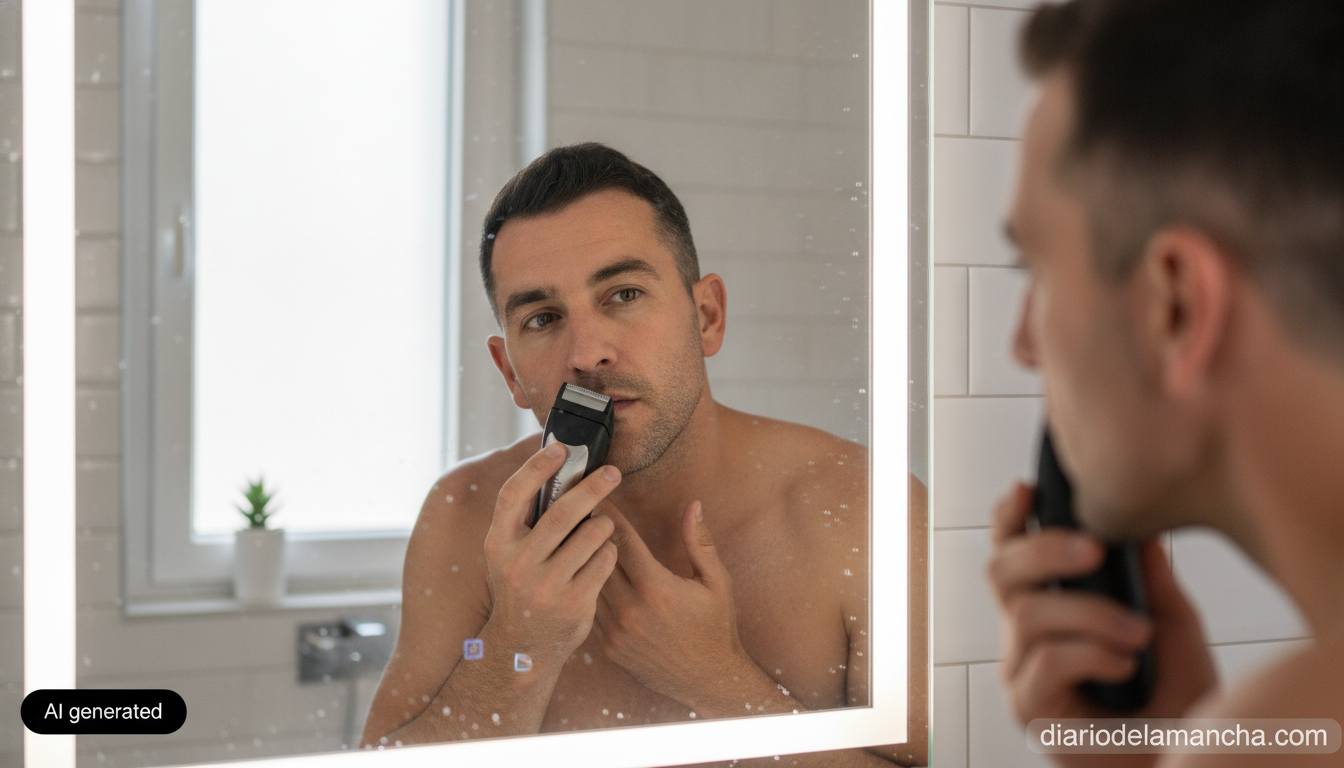 Hombre usando afeitadora eléctrica en el baño