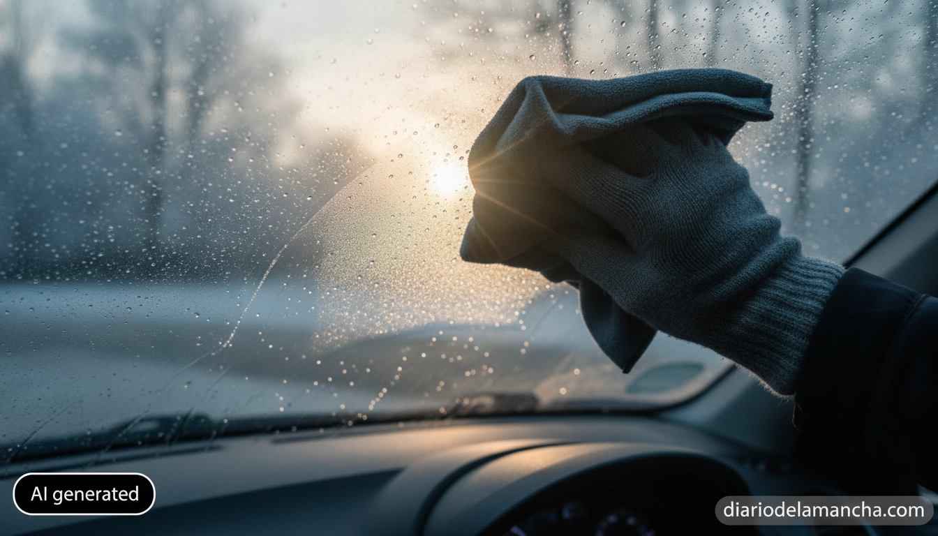 Limpiando el vaho del parabrisas del coche en invierno