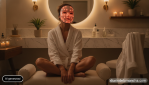 Mujer usando mascarilla LED de aparatología facial en casa