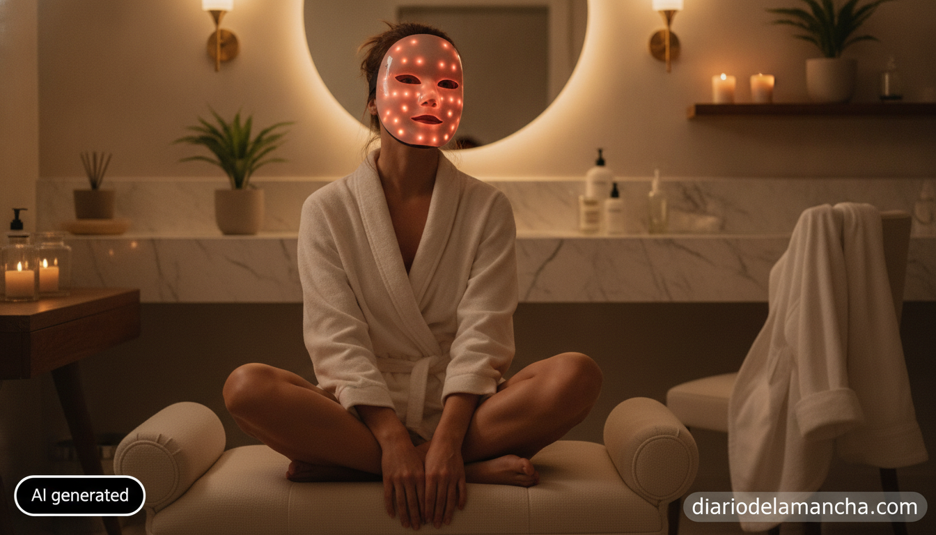 Mujer usando mascarilla LED de aparatología facial en casa