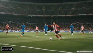 Wide-angle action shot of a football match at night in a large Spanish stadium, players in generic red-and-white and plain...