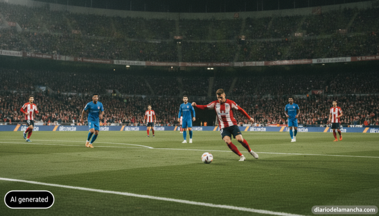 Wide-angle action shot of a football match at night in a large Spanish stadium, players in generic red-and-white and plain...