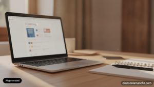 Portatil con curso online de formacion docente sobre un escritorio