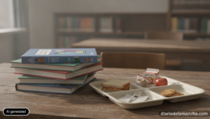 Realistic editorial photograph of a stack of school textbooks and a school lunch tray on a wooden table, soft natural ligh...