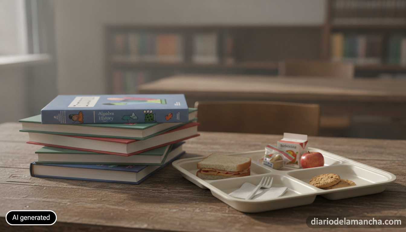 Realistic editorial photograph of a stack of school textbooks and a school lunch tray on a wooden table, soft natural ligh...