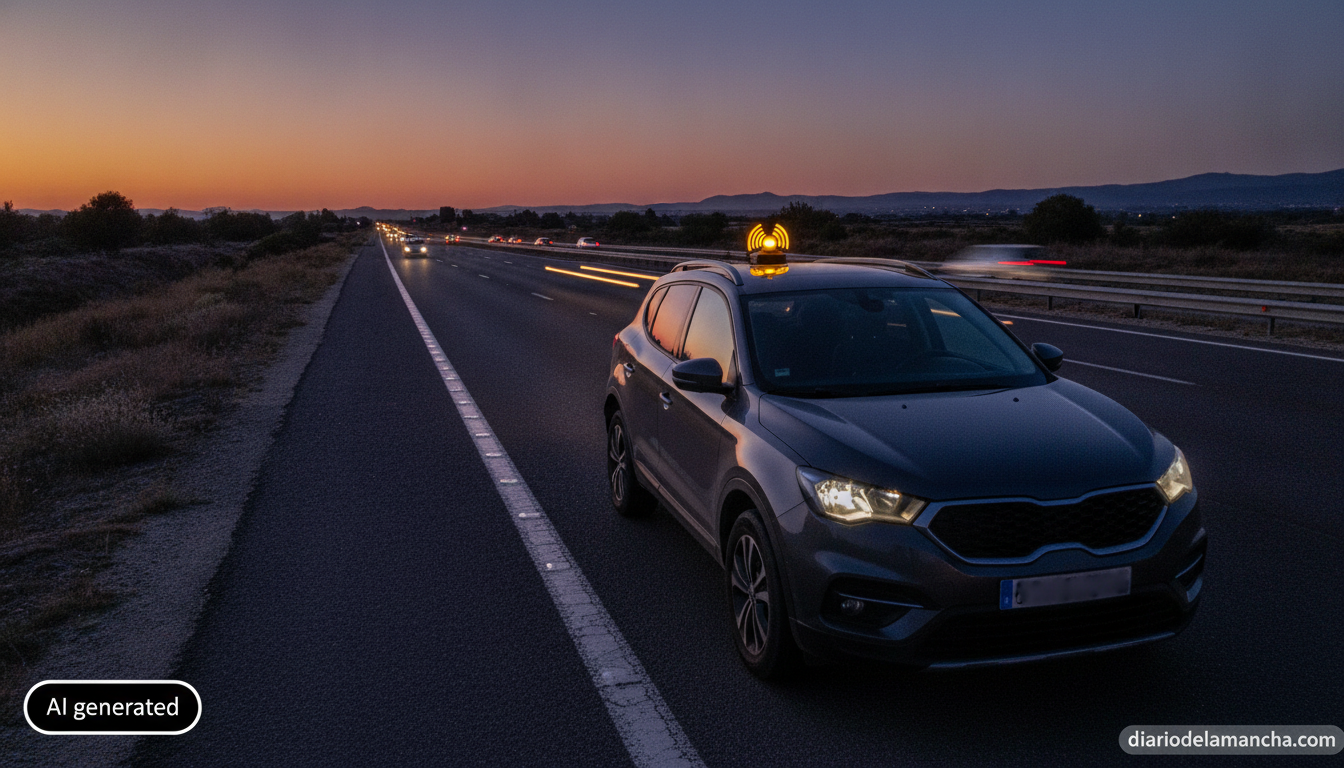 La mejor baliza V16 para 2026: Help Flash IoT+ con geolocalización 1 Baliza V16 conectada en el techo de un coche en el arcén