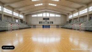 Photojournalistic realistic photo of an empty indoor handball court in a sports pavilion, wide angle showing the court mar...