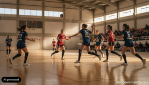 Photojournalistic realistic image of a women's handball match in a Spanish sports pavilion, players in action mid-game on ...