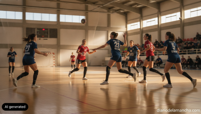 Photojournalistic realistic image of a women's handball match in a Spanish sports pavilion, players in action mid-game on ...