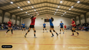 Action shot of a women's handball match inside a Spanish municipal sports pavilion, players mid-motion defending and attac...