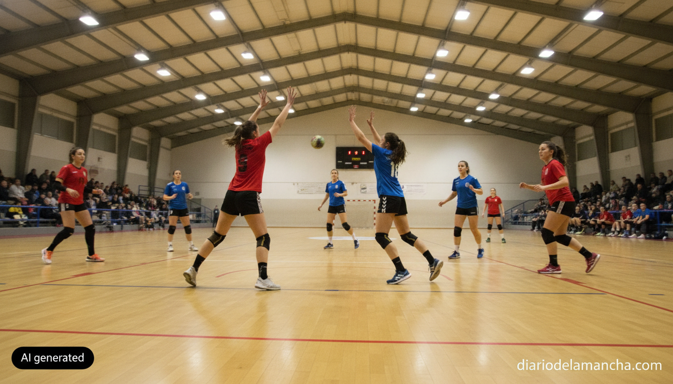 Action shot of a women's handball match inside a Spanish municipal sports pavilion, players mid-motion defending and attac...