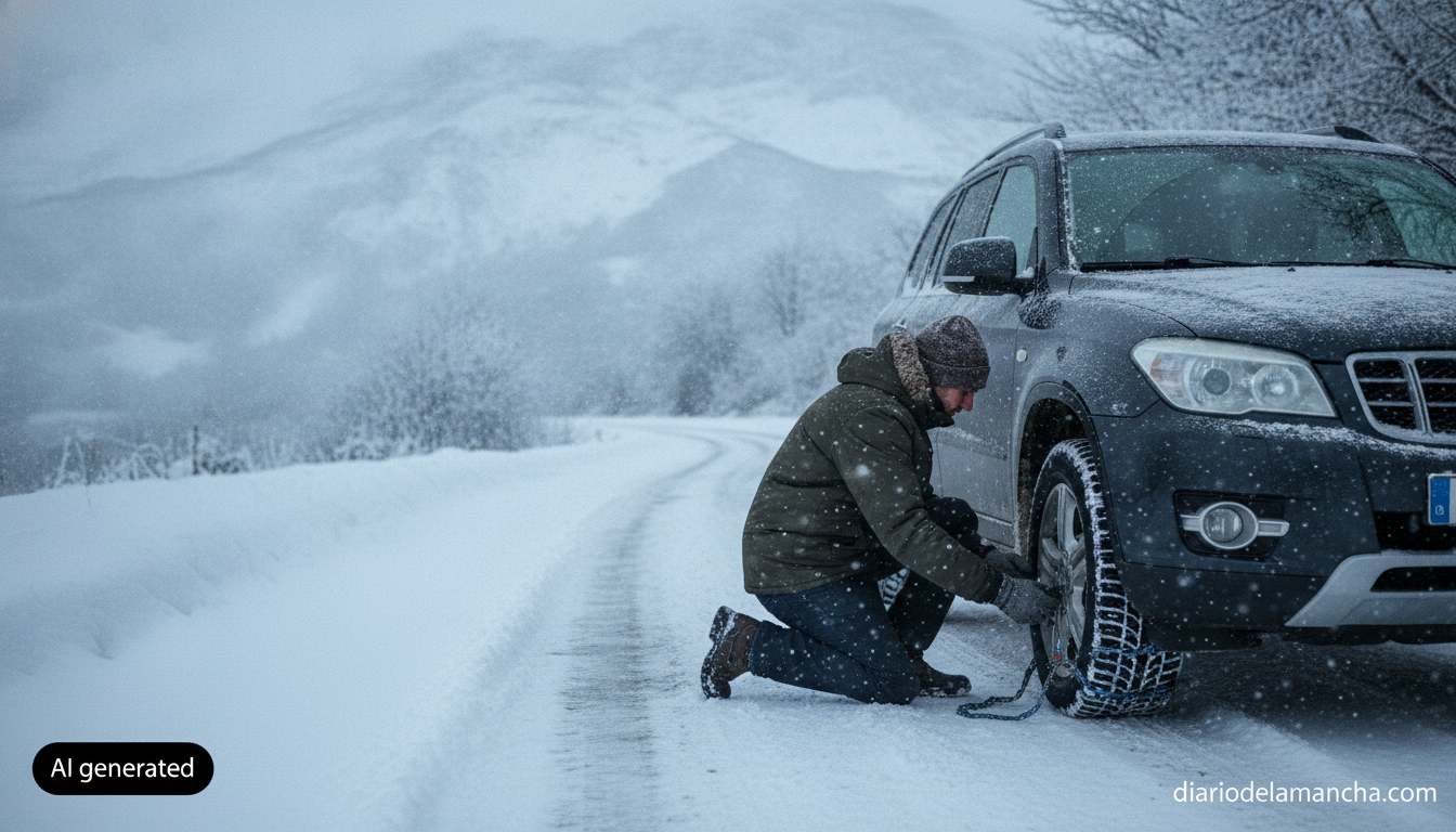 Instalando cadenas de nieve en la rueda del coche