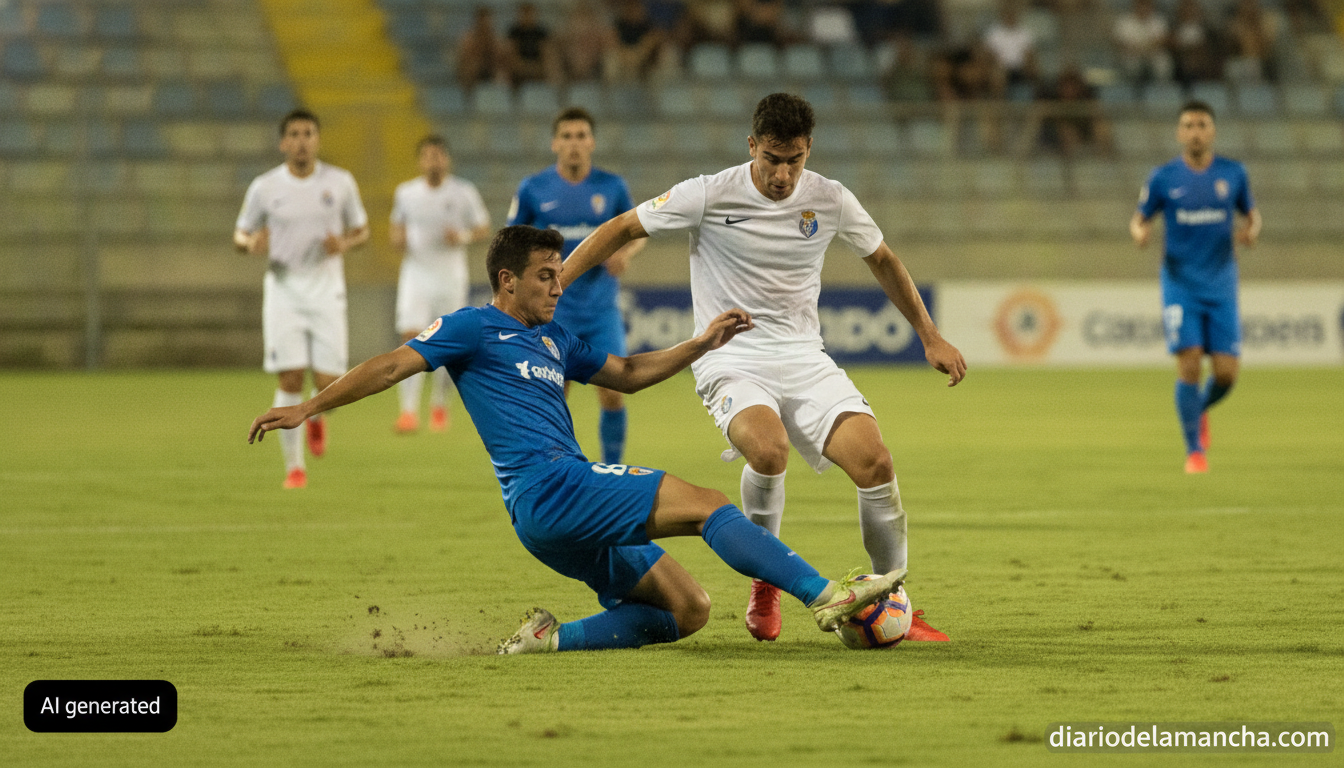 Action shot of a lower-division Spanish football match during preseason, players in generic unbranded kits challenging for...