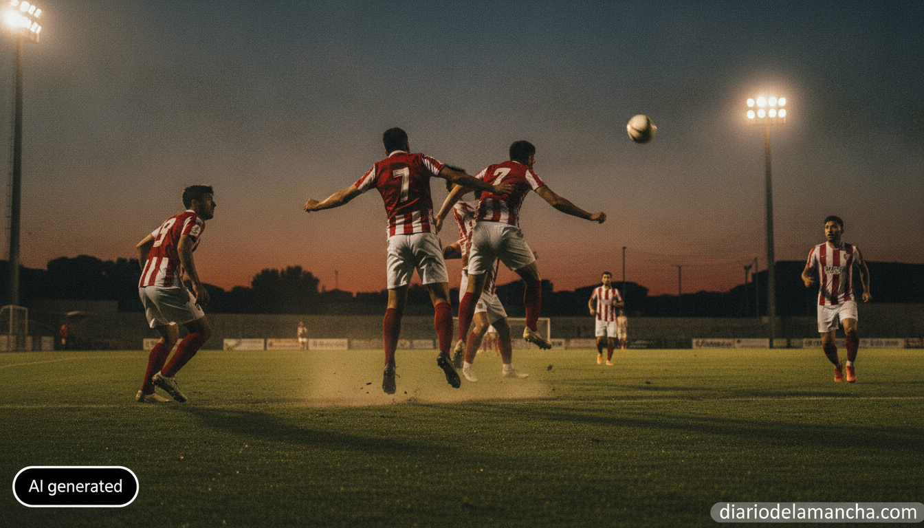 Editorial sports photo, a lower-league Spanish football match at dusk, players in generic red and white kits challenging f...