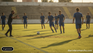 Photojournalistic wide-angle shot of an amateur regional football team training on a grass pitch in late summer evening li...