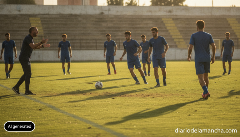 Photojournalistic wide-angle shot of an amateur regional football team training on a grass pitch in late summer evening li...