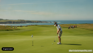 Sports journalism photo of a junior pitch and putt golf tournament in Galicia, Spain. A young golfer in golf attire, putti...
