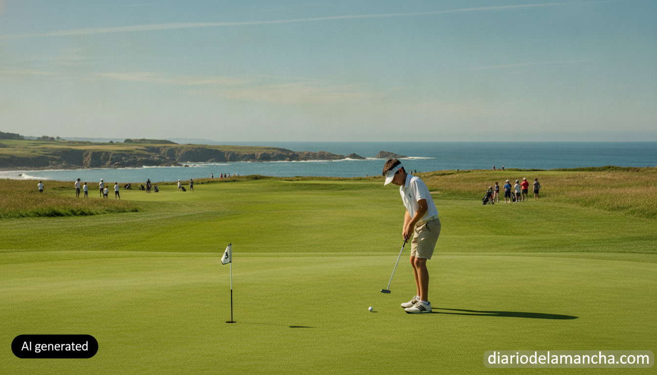 Sports journalism photo of a junior pitch and putt golf tournament in Galicia, Spain. A young golfer in golf attire, putti...