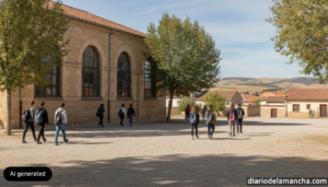 Realistic photojournalism style image of a Spanish school building exterior with students walking in the schoolyard, modes...