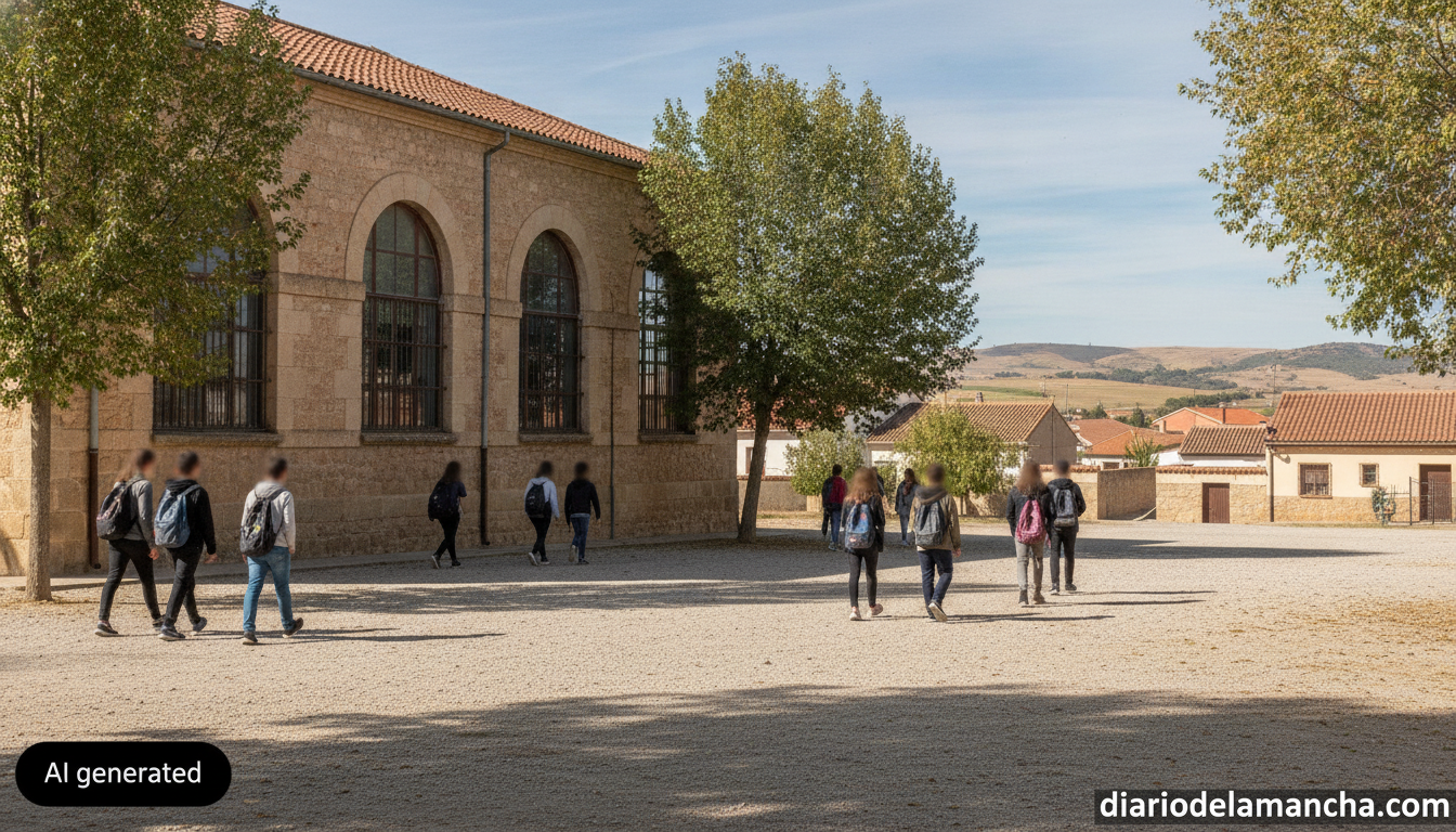 Realistic photojournalism style image of a Spanish school building exterior with students walking in the schoolyard, modes...