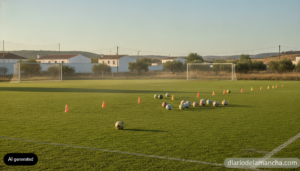 Editorial photo of an empty grass football pitch at a small-town sports facility in Spain, training cones and footballs ar...