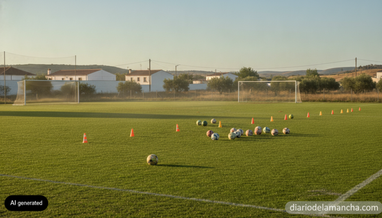 Editorial photo of an empty grass football pitch at a small-town sports facility in Spain, training cones and footballs ar...