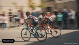 Photojournalistic realistic photo of young school-age cyclists racing on a small local circuit in a Spanish town, colorful...