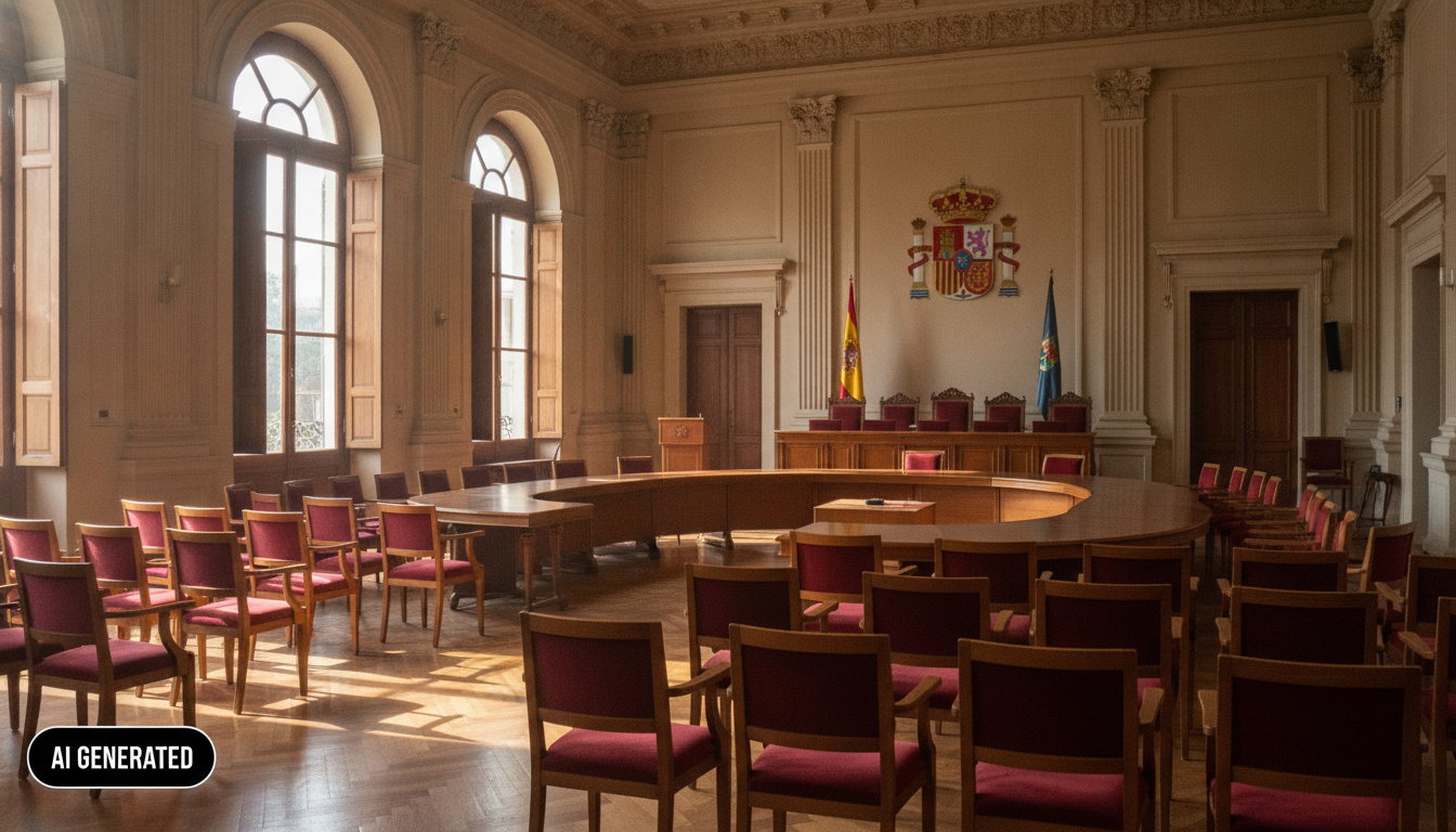 Image of a Spanish provincial delegation building assembly hall, rows of empty chairs facing a small podium, morning light...