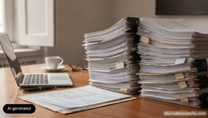 Realistic editorial photograph of a stack of official administrative documents and folders on a desk next to a closed lapt...