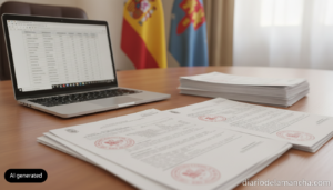 Realistic photojournalistic image of a Spanish regional education administration office: a wooden desk with official print...