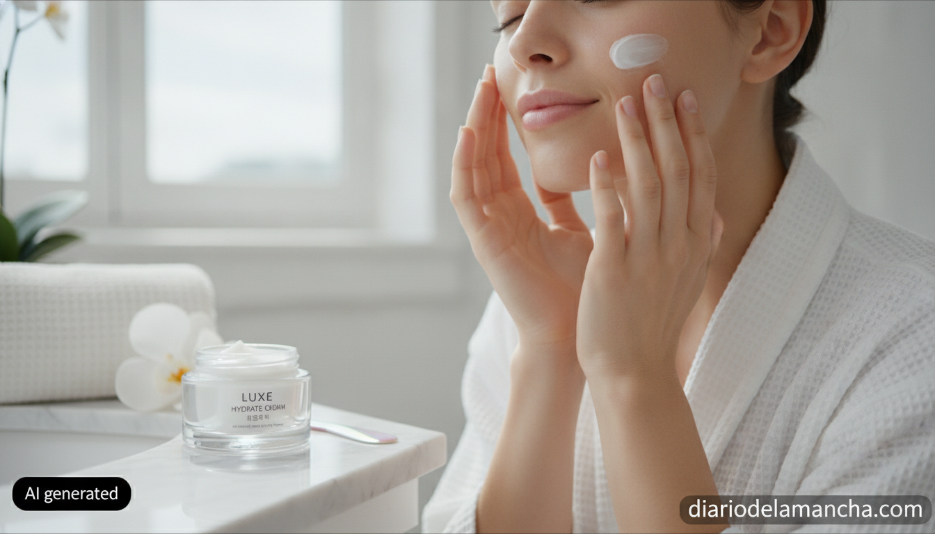 Mujer aplicando crema hidratante coreana facial
