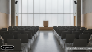 Realistic editorial photograph of an empty modern school assembly hall with rows of chairs facing a podium, soft daylight ...