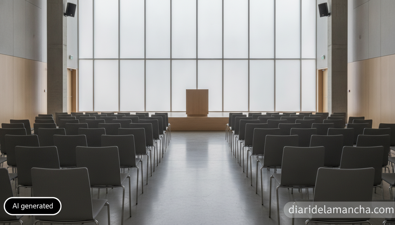 Realistic editorial photograph of an empty modern school assembly hall with rows of chairs facing a podium, soft daylight ...