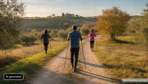 Photojournalistic realistic photo of a nordic walking coach demonstrating technique with walking poles to a small group ou...