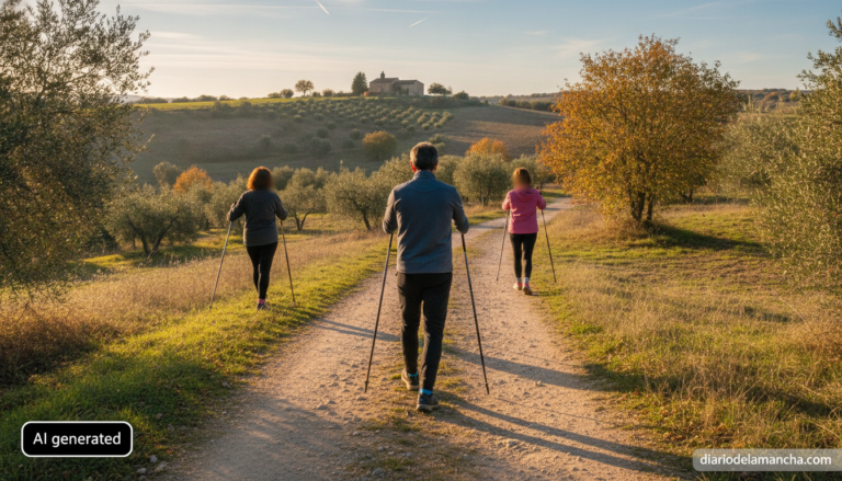 Photojournalistic realistic photo of a nordic walking coach demonstrating technique with walking poles to a small group ou...