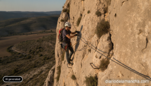 Photojournalistic realistic photo of a mountaineer practicing via ferrata climbing technique on a rocky cliff in rural Spa...