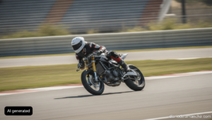 Realistic photojournalistic action shot of a Moto3 motorcycle racer leaning into a curve on an asphalt racetrack, generic ...