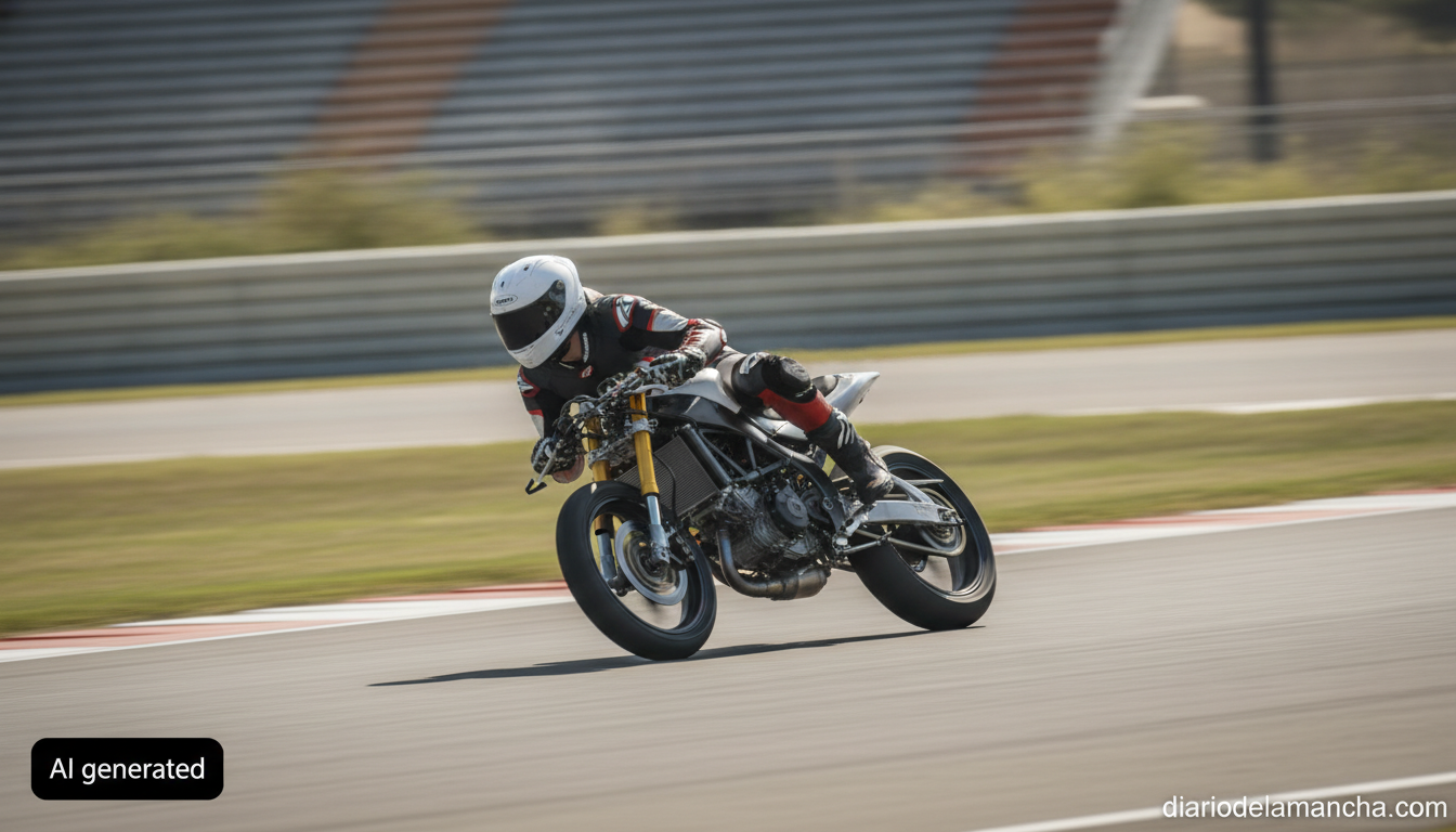 Realistic photojournalistic action shot of a Moto3 motorcycle racer leaning into a curve on an asphalt racetrack, generic ...