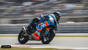 Press-style photo of a Moto3 motorcycle racer leaning into a fast corner on an asphalt racetrack, motion blur on the backg...
